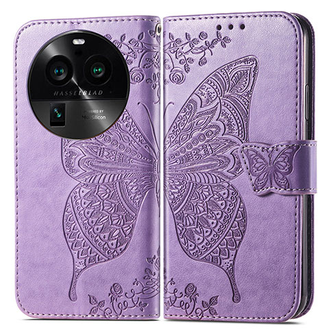 Funda de Cuero Cartera con Soporte Mariposa Carcasa para Oppo Find X6 5G Purpura Claro