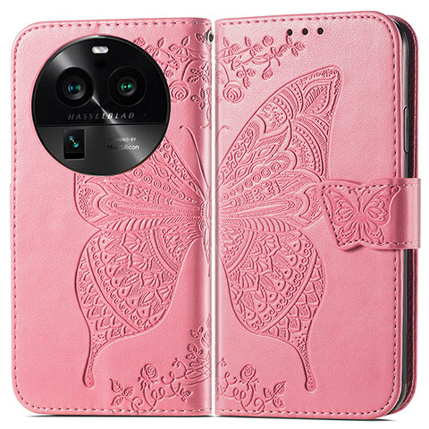 Funda de Cuero Cartera con Soporte Mariposa Carcasa para Oppo Find X6 Pro 5G Rosa Roja