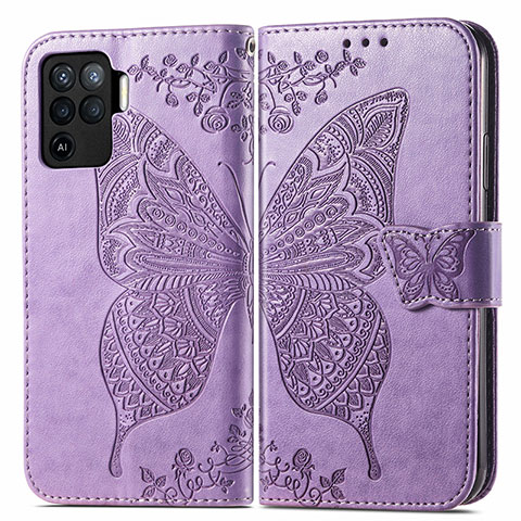 Funda de Cuero Cartera con Soporte Mariposa Carcasa para Oppo Reno5 F Purpura Claro