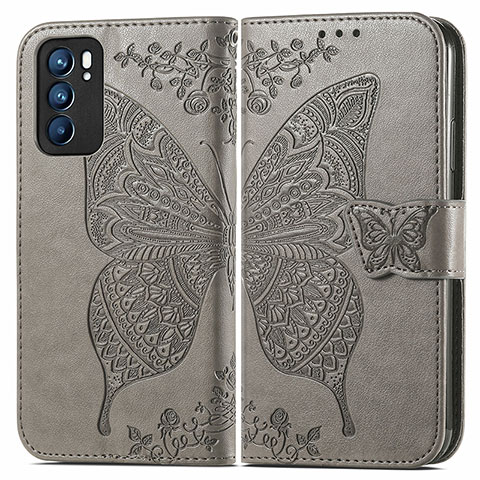 Funda de Cuero Cartera con Soporte Mariposa Carcasa para Oppo Reno6 5G Gris