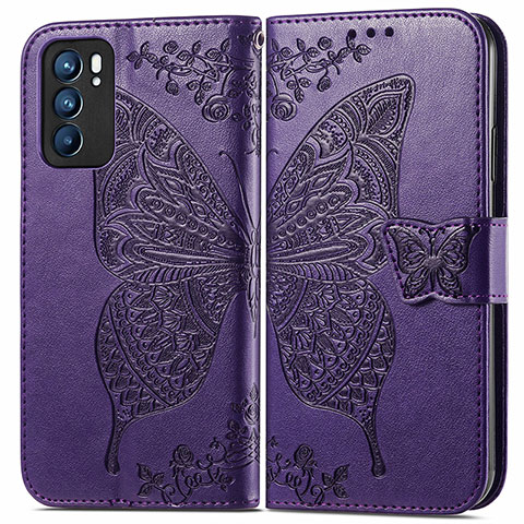 Funda de Cuero Cartera con Soporte Mariposa Carcasa para Oppo Reno6 5G Morado