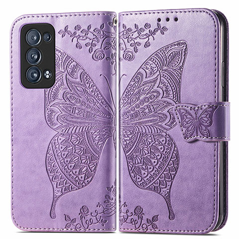 Funda de Cuero Cartera con Soporte Mariposa Carcasa para Oppo Reno6 Pro+ Plus 5G Purpura Claro