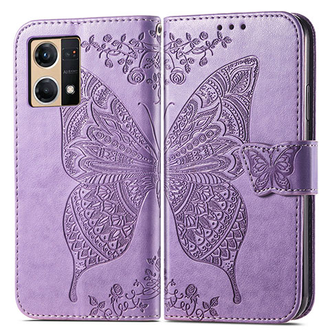 Funda de Cuero Cartera con Soporte Mariposa Carcasa para Oppo Reno7 4G Purpura Claro