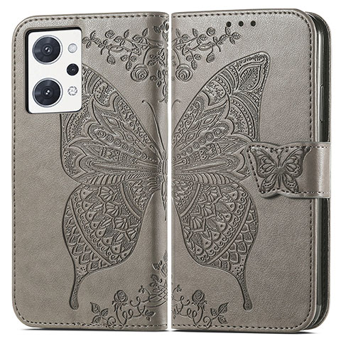 Funda de Cuero Cartera con Soporte Mariposa Carcasa para Oppo Reno7 A Gris