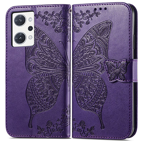 Funda de Cuero Cartera con Soporte Mariposa Carcasa para Oppo Reno7 A Morado