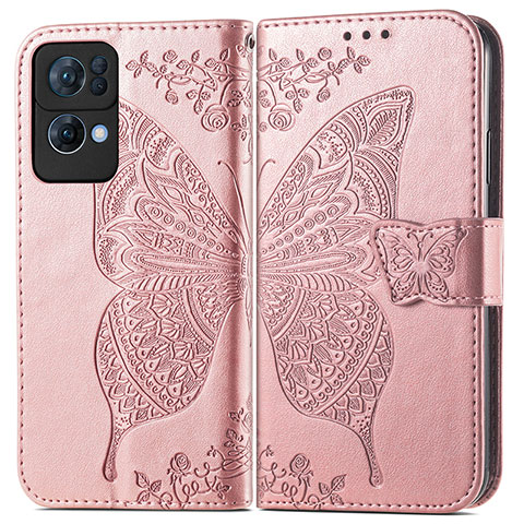 Funda de Cuero Cartera con Soporte Mariposa Carcasa para Oppo Reno7 Pro 5G Rosa