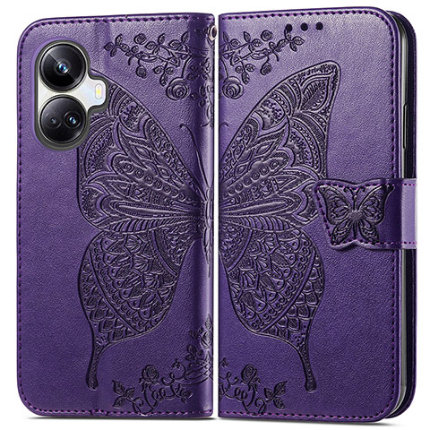 Funda de Cuero Cartera con Soporte Mariposa Carcasa para Realme 10 Pro+ Plus 5G Morado