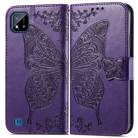 Funda de Cuero Cartera con Soporte Mariposa Carcasa para Realme C20 Morado