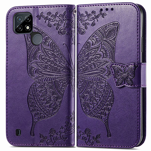 Funda de Cuero Cartera con Soporte Mariposa Carcasa para Realme C21Y Morado