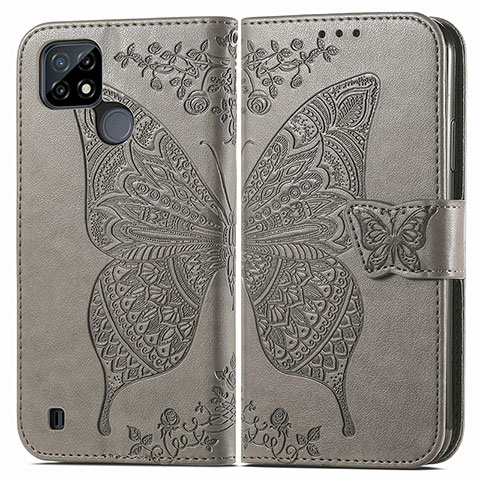 Funda de Cuero Cartera con Soporte Mariposa Carcasa para Realme C25Y Gris