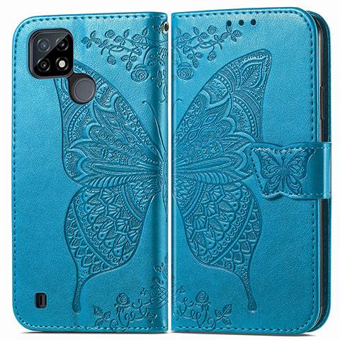 Funda de Cuero Cartera con Soporte Mariposa Carcasa para Realme C25Y India Azul