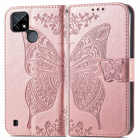 Funda de Cuero Cartera con Soporte Mariposa Carcasa para Realme C25Y India Oro Rosa