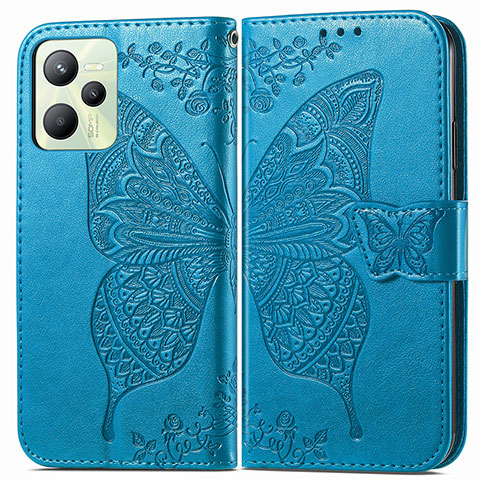 Funda de Cuero Cartera con Soporte Mariposa Carcasa para Realme Narzo 50A Prime Azul