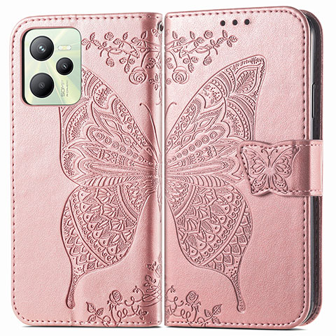 Funda de Cuero Cartera con Soporte Mariposa Carcasa para Realme Narzo 50A Prime Oro Rosa