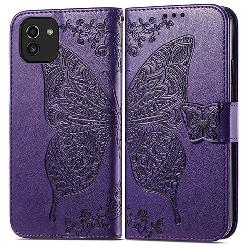 Funda de Cuero Cartera con Soporte Mariposa Carcasa para Samsung Galaxy A03 Morado