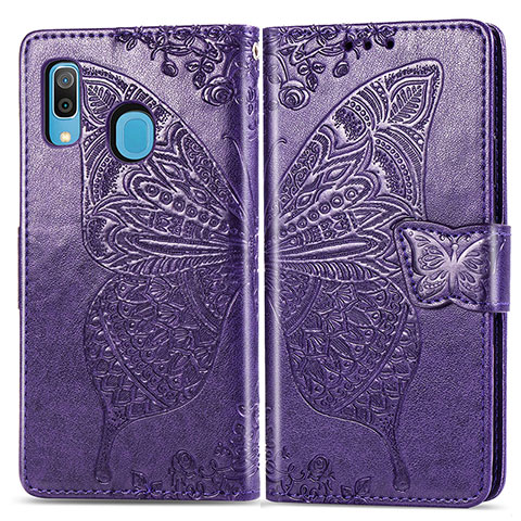 Funda de Cuero Cartera con Soporte Mariposa Carcasa para Samsung Galaxy A20 Morado