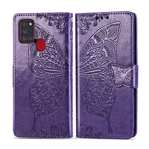 Funda de Cuero Cartera con Soporte Mariposa Carcasa para Samsung Galaxy A21s Morado