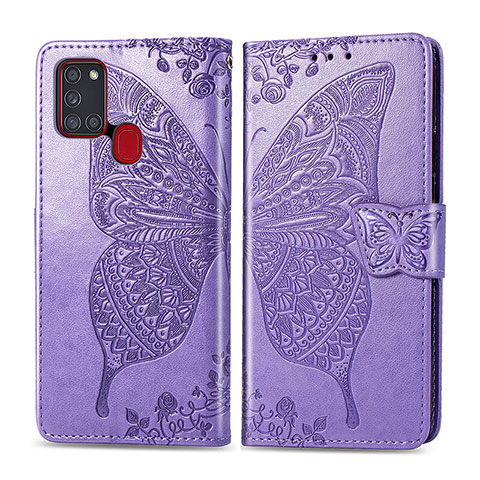 Funda de Cuero Cartera con Soporte Mariposa Carcasa para Samsung Galaxy A21s Purpura Claro