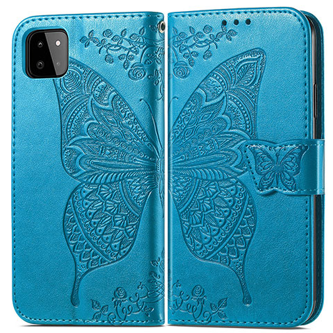 Funda de Cuero Cartera con Soporte Mariposa Carcasa para Samsung Galaxy F42 5G Azul