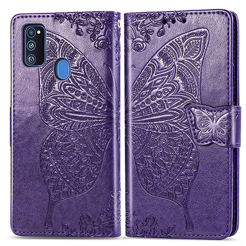 Funda de Cuero Cartera con Soporte Mariposa Carcasa para Samsung Galaxy M21 Morado