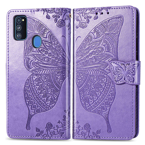 Funda de Cuero Cartera con Soporte Mariposa Carcasa para Samsung Galaxy M21 Purpura Claro