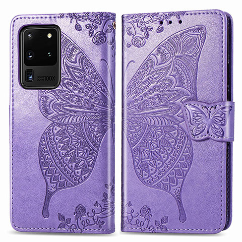 Funda de Cuero Cartera con Soporte Mariposa Carcasa para Samsung Galaxy S20 Ultra 5G Purpura Claro