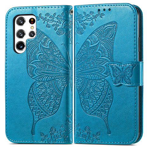 Funda de Cuero Cartera con Soporte Mariposa Carcasa para Samsung Galaxy S21 Ultra 5G Azul