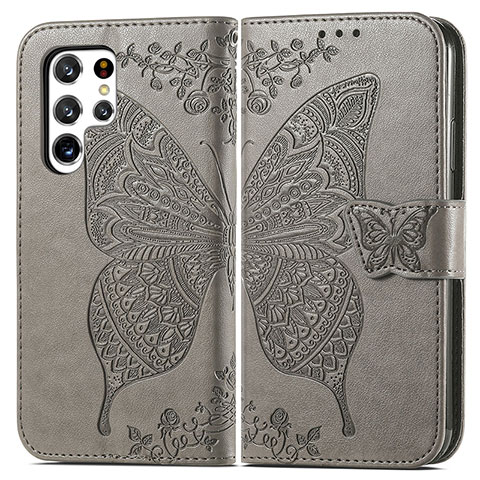 Funda de Cuero Cartera con Soporte Mariposa Carcasa para Samsung Galaxy S23 Ultra 5G Gris