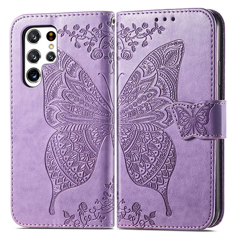 Funda de Cuero Cartera con Soporte Mariposa Carcasa para Samsung Galaxy S23 Ultra 5G Purpura Claro