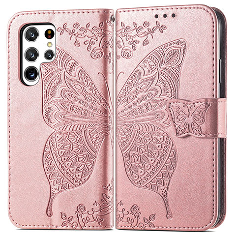 Funda de Cuero Cartera con Soporte Mariposa Carcasa para Samsung Galaxy S23 Ultra 5G Rosa