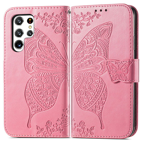 Funda de Cuero Cartera con Soporte Mariposa Carcasa para Samsung Galaxy S24 Ultra 5G Rosa Roja