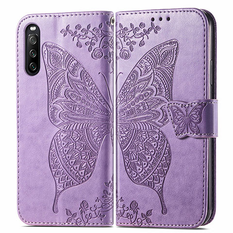 Funda de Cuero Cartera con Soporte Mariposa Carcasa para Sony Xperia 10 III SOG04 Purpura Claro