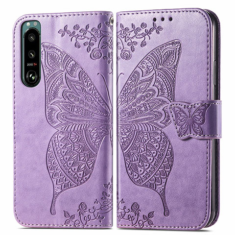 Funda de Cuero Cartera con Soporte Mariposa Carcasa para Sony Xperia 5 III Purpura Claro