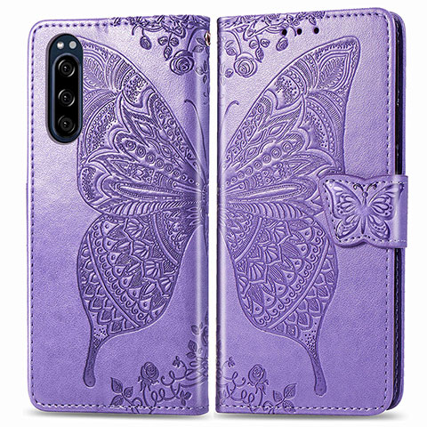 Funda de Cuero Cartera con Soporte Mariposa Carcasa para Sony Xperia 5 Purpura Claro