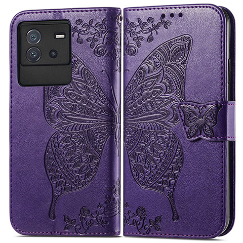 Funda de Cuero Cartera con Soporte Mariposa Carcasa para Vivo iQOO Neo6 5G Morado