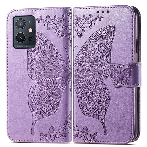 Funda de Cuero Cartera con Soporte Mariposa Carcasa para Vivo iQOO Z6 5G Purpura Claro