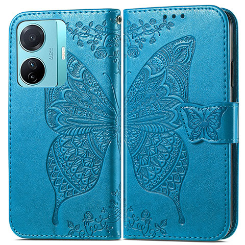 Funda de Cuero Cartera con Soporte Mariposa Carcasa para Vivo iQOO Z6 Pro 5G Azul