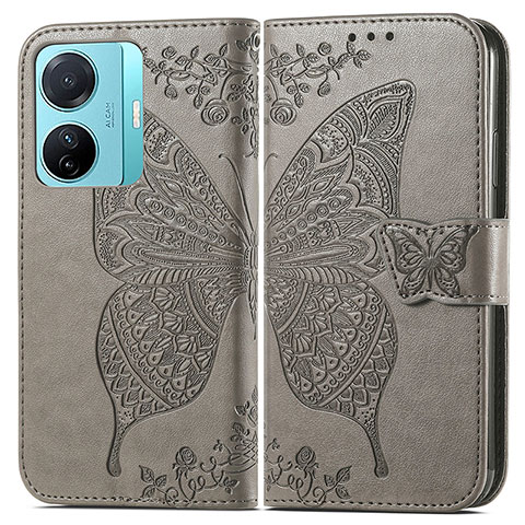 Funda de Cuero Cartera con Soporte Mariposa Carcasa para Vivo iQOO Z6 Pro 5G Gris