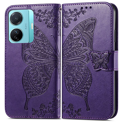 Funda de Cuero Cartera con Soporte Mariposa Carcasa para Vivo iQOO Z6 Pro 5G Morado