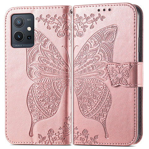 Funda de Cuero Cartera con Soporte Mariposa Carcasa para Vivo T1 5G India Rosa