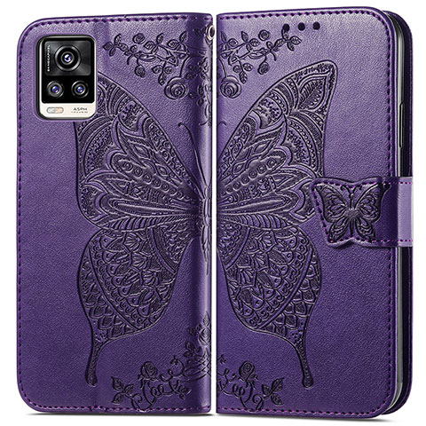 Funda de Cuero Cartera con Soporte Mariposa Carcasa para Vivo V20 Morado