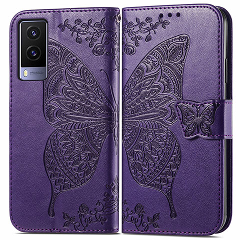 Funda de Cuero Cartera con Soporte Mariposa Carcasa para Vivo V21e 5G Morado