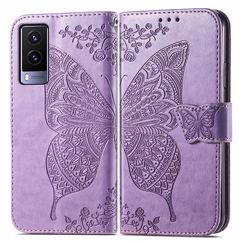 Funda de Cuero Cartera con Soporte Mariposa Carcasa para Vivo V21e 5G Purpura Claro