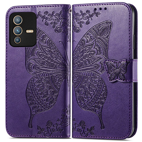 Funda de Cuero Cartera con Soporte Mariposa Carcasa para Vivo V23 Pro 5G Morado