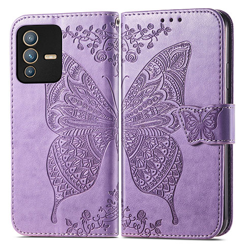 Funda de Cuero Cartera con Soporte Mariposa Carcasa para Vivo V23 Pro 5G Purpura Claro