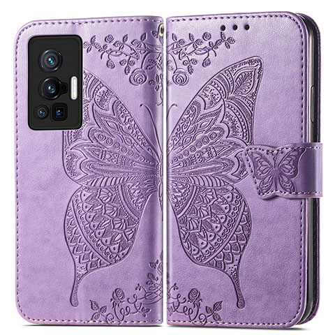 Funda de Cuero Cartera con Soporte Mariposa Carcasa para Vivo X70 Pro 5G Purpura Claro