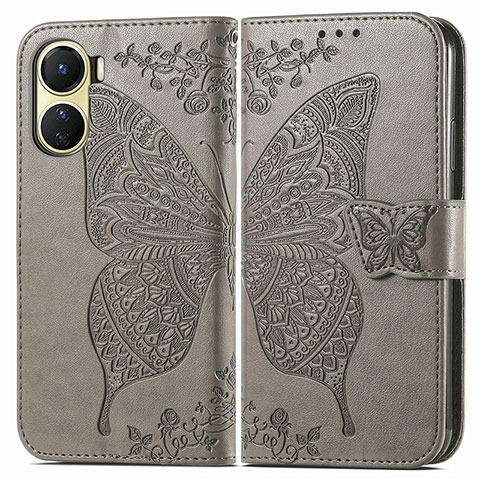 Funda de Cuero Cartera con Soporte Mariposa Carcasa para Vivo Y02S Gris