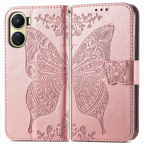 Funda de Cuero Cartera con Soporte Mariposa Carcasa para Vivo Y02S Rosa