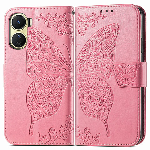 Funda de Cuero Cartera con Soporte Mariposa Carcasa para Vivo Y02S Rosa Roja