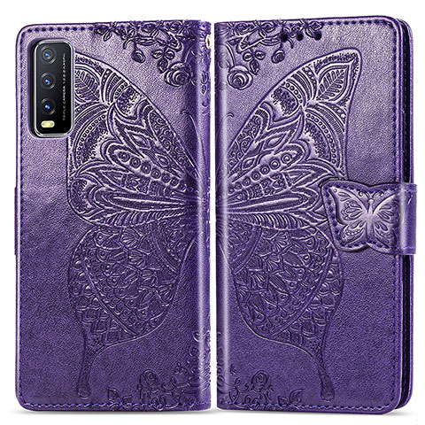 Funda de Cuero Cartera con Soporte Mariposa Carcasa para Vivo Y12s (2021) Morado